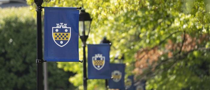 Row of blue University logo banners